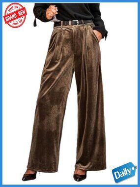 Velvet Wide Leg Work Pants with Pockets, High Waist, Palazzo Dressy Pants